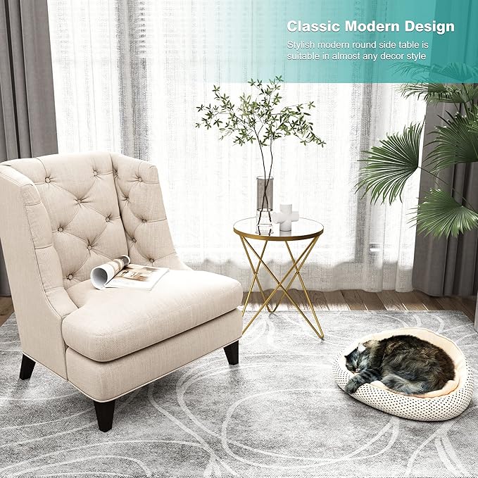 HLR Modern Round Side Table, End Table with Marble Effect Top and Gold Metal Frame, Small Side Table for Living Room, Bedroom, Sofa and Couch, Gold Legs, Mirror top