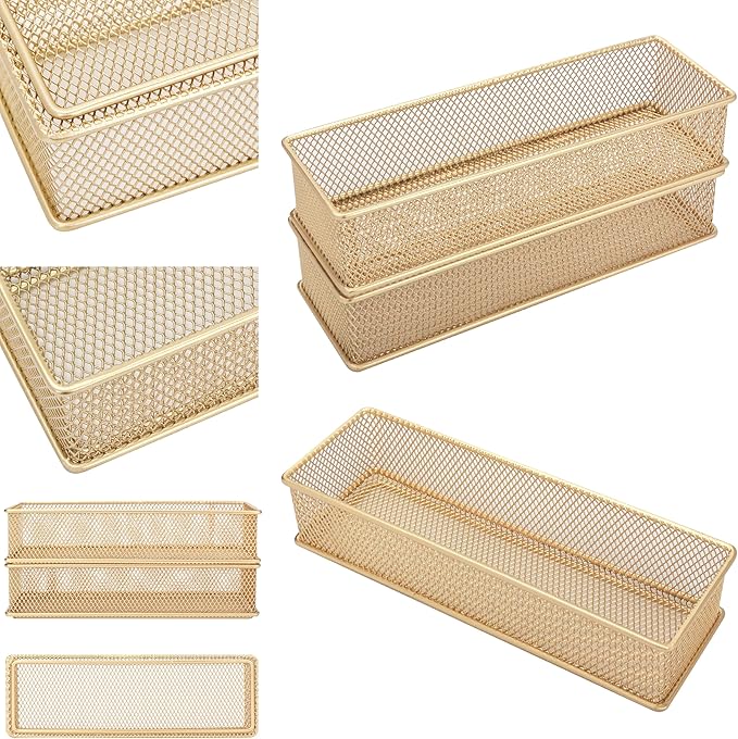 Annova Mesh Stackable Drawer Cabinet and Shelf Organizer Bins Storage Basket School Office Supply Holder Tray- Set of 2 (Gold, 3x9x2 Inch)-NeatNest