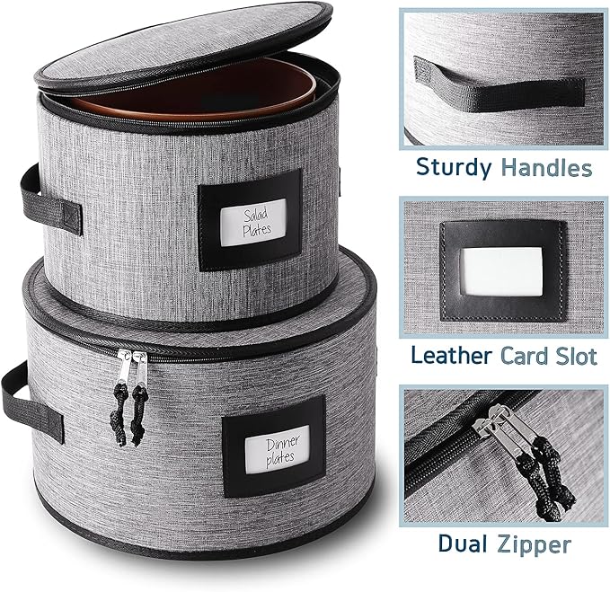 Fine China Storage Containers, 5 Piece Quilted Dish Storage Containers, Mug, Cup, and Plate Dish Organizer with Felt Dividers, Service of 12 Dinnerware Boxes for Moving, Seasonal Organization, Grey-NeatNest