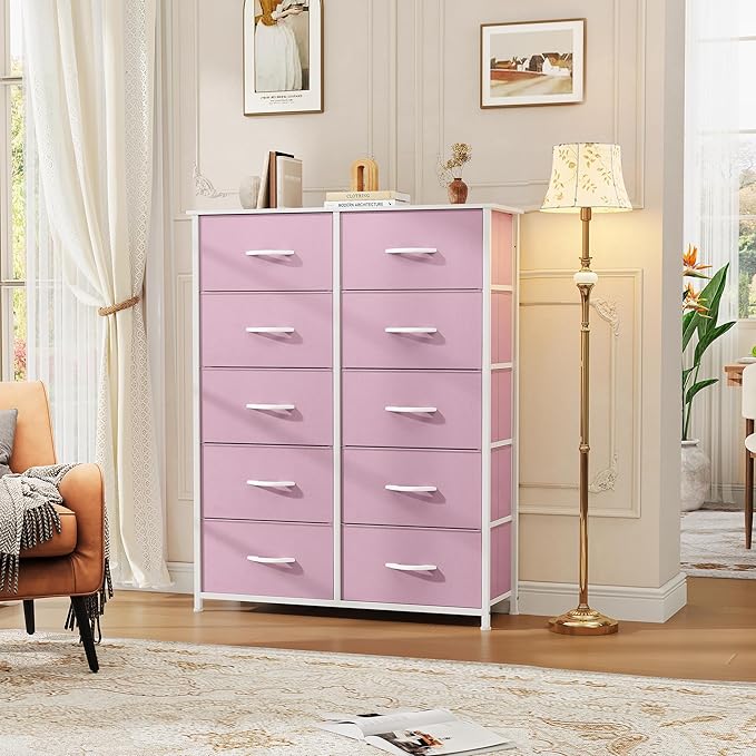 DWVO 10 Drawer Dresser - Fabric Storage Tower, Tall Chest Organizer Unit, Living Room, Hallway, Closets - Sturdy Steel Frame, Wooden Top & Easy Pull Fabric Bins, Pink-NeatNest