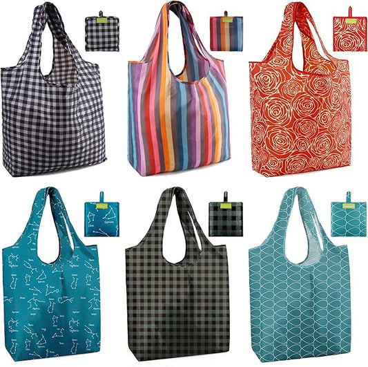 BeeGreen Large Tote Bag 6 Pack Reusable Grocery Bags Foldable - Bulk Machine Washable Ripstop Polyester Fabrics Grocery Bag - Reusable Shopping Bags for Women Travel Storage (Geometry Design)-NeatNest