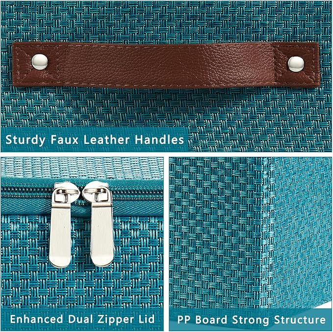 Storage Bins with Lid Fabric Storage Box Basket PU Leather Handle Textured Woven Cotton Linen Decorative Foldable Washable Shelf Closet Organizer Container (Zipper Lid, Blue, Large)-NeatNest