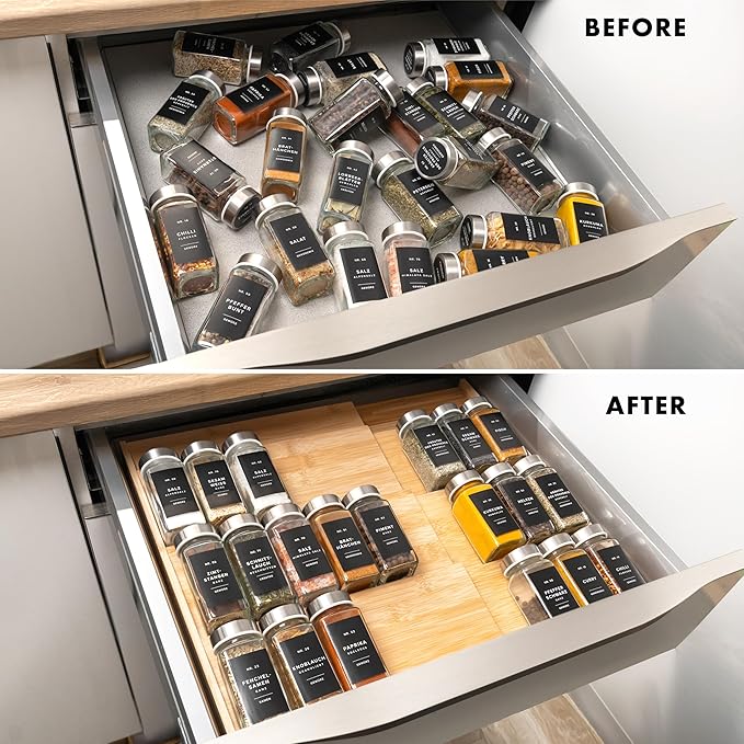 Bamboo Spice Drawer Organizer - Expandable 4 Tier Spice Rack (Need 3" Deep Drawer) 12" to 24" Wide, Seasoning Organizer, Organization Seasoning Rack insert (Jars Not Included)-NeatNest