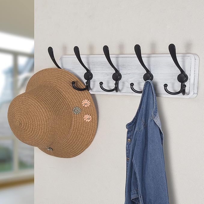 Dseap Coat Rack Wall Mounted - 5 Tri Hooks, Heavy Duty, Wooden Wall Coat Hanger Coat Hook for Clothes Hat Jacket Clothing, White & Black