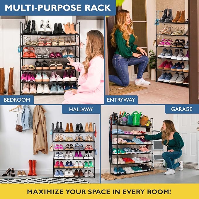 Sundaze Shoe Rack - 6 Tier Metal Shoe Rack for Front Door Entrance, Sturdy Tall Shoe Organizer for Closet, Bedroom, Entryway, Garage, Black Metal Shoe Shelf, Holds Up to 30 Pairs-NeatNest