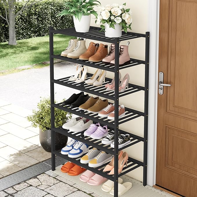 Smiry Shoe Rack, 6 Tier Thick Bamboo Shoe Organizer, Stackable Free Standing Wooden Shoe Storage Shelf for Closet, Entryway, Front Door Entrance, Black-NeatNest