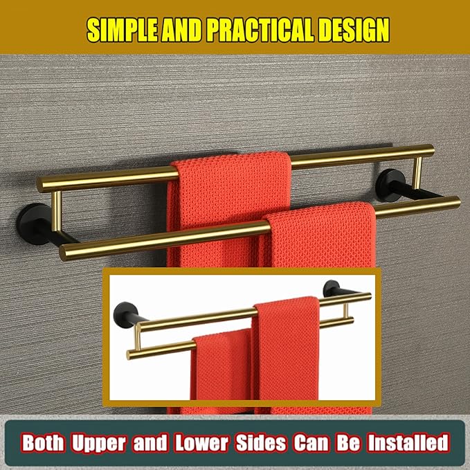 Alise Double Bath Towel Bars,24 Inch Towel Racks for Bathroom,SUS304 Stainless Steel Towel Holder,Towel Holder Wall Mount,Toilet Kitchen Towel Rod,Brushed Gold and Black Finish Towel Rail,GYT6902-GB