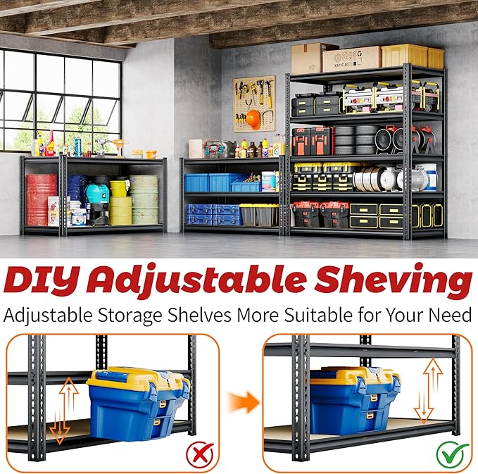 72"H Storage Shelves heavy duty, 2000LBS Garage Shelving, 5 Tier Metal Shelving Unit Adjustable Garage Shelves Rack Shelf for Storage Warehouse Pantry Closet,35.6" W × 16" D × 72" H, Black, 2PCS