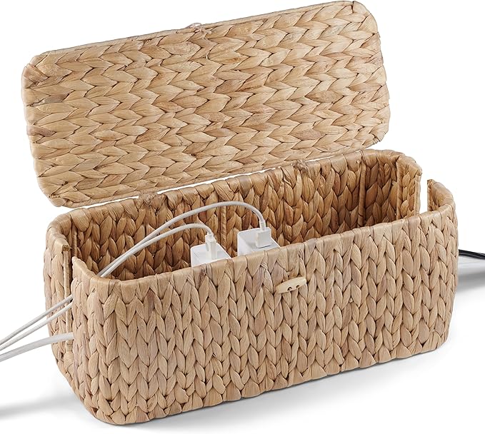 BLUEWEST Cable Management Box, Water Hyacinth Organizer Box, Durable Rattan Cable Organizer with Dual Open Slots for Desk, TV, or Office Cords, Stores Power Strips, USB Hubs, and Wires