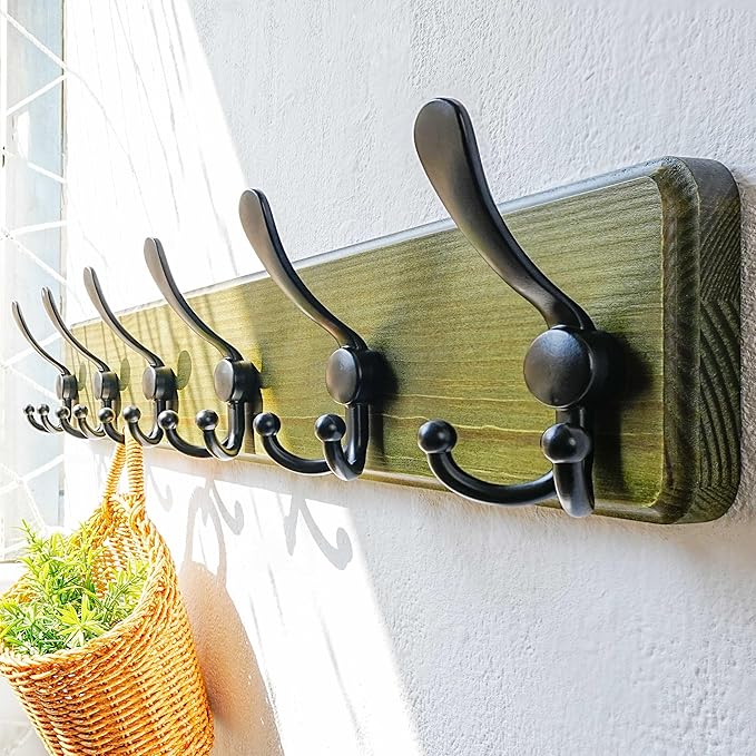 Dseap Coat Rack Wall Mounted - 24" Long 6 Tri Hooks, Heavy Duty Wooden Wall Coat Hanger Coat Hook for Clothes Hat Jacket Clothing, Weathered Green and Black