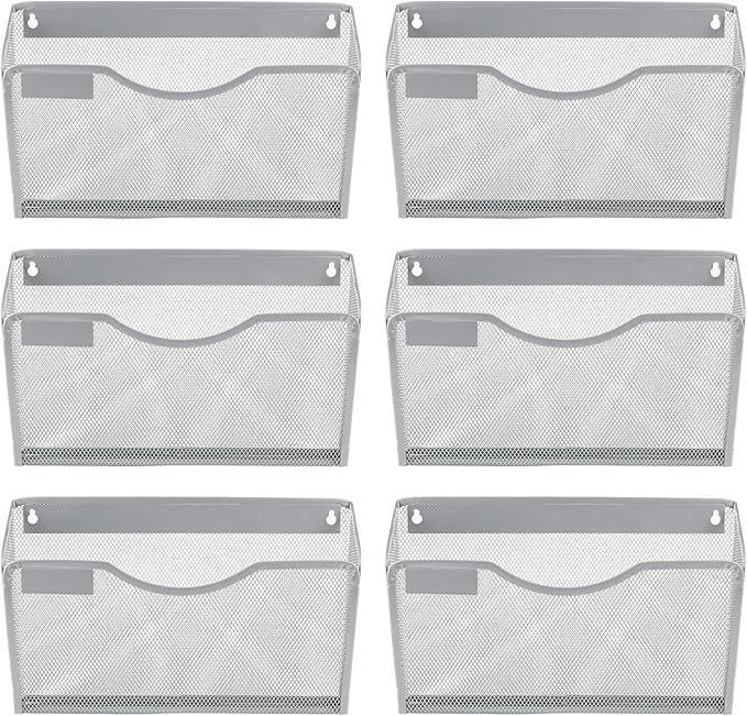 EasyPAG 6 Pack Wall File Holder with Label Panel, Single Mesh Hanging File Organizer for A4 Letter Size Paper, Wall Mount Paperwork Basket for Office, Home, School, Silver