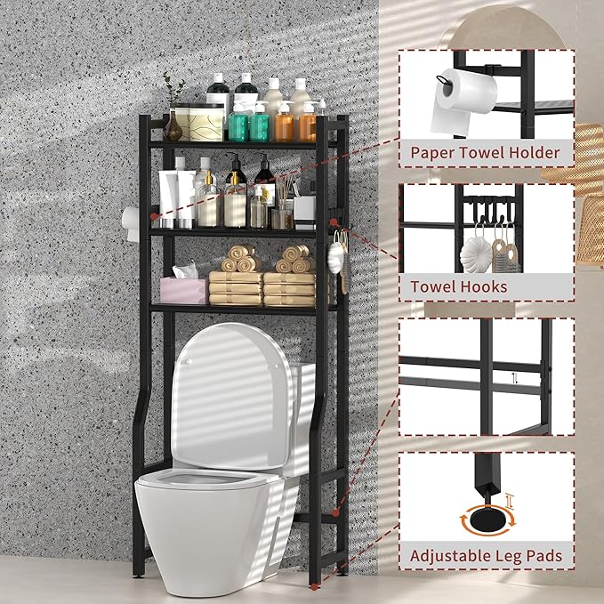 3 Tier Over The Toilet Storage Rack with Toilet Paper Holder, Metal Freestanding Bathroom Shelves with 4 Hooks, Over Toilet Storage Shelf for Bathroom Storage, Black-NeatNest