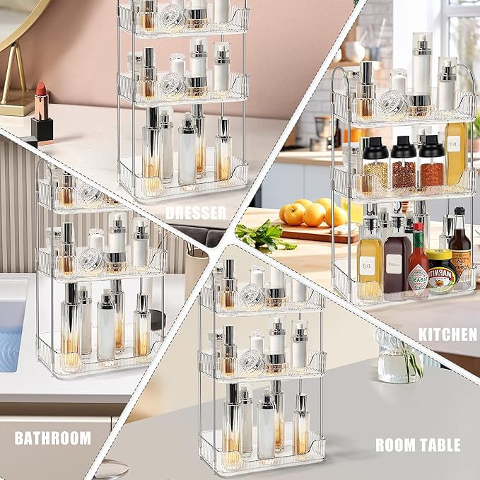 Bathroom Counter Organizer Countertop Storage Skincare Countertop Makeup Organizer Cosmetics Skincare Organizers Holder for Perfume-Clear White-Silver Pole-3 Tier-NeatNest