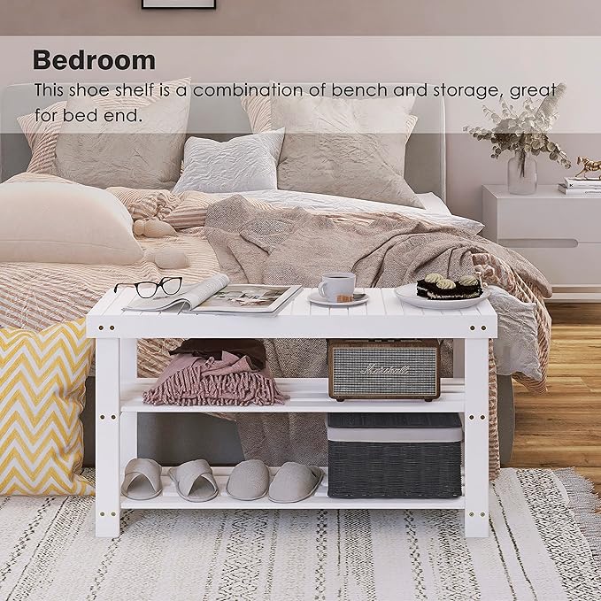 SMIBUY Bamboo Shoe Rack Bench, 3-Tier Shoe Organizer Storage Shelf for Entryway Hallway Bathroom Living Room (White)-NeatNest