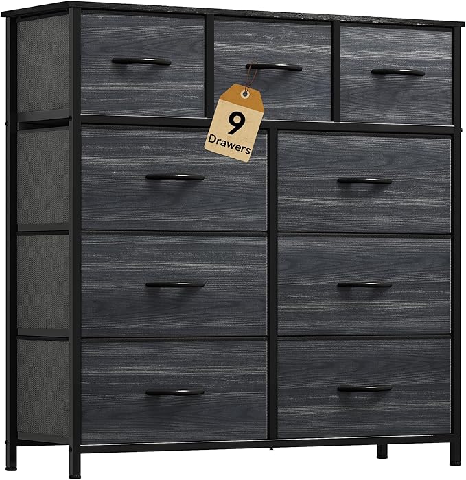 DWVO Dresser with 9 Drawers - Fabric Storage Tower, Organizer Unit for Living Room, Hallway - Sturdy Steel Frame, Wooden Top & Easy Pull Fabric Bins-NeatNest