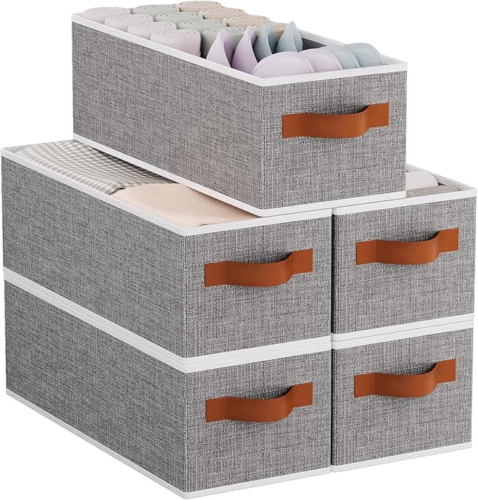 Fabric Storage Cubes 5-Pack, Foldable Open Clothes Boxes, 15 x 6 x 5 Inch Organizer Bins with Double Handles, Closet Basket Containers, Gray-NeatNest