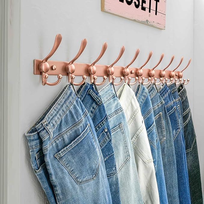 Dseap MaxStrong 2.0 Coat Rack Wall - 37” Long 10 Tri Hooks - Ultra Heavy-Duty Stainless Steel Wall Mount Coat Hanger, Hook Rail for Clothes Hats Jacket Towels Rose Gold, Pack of 2