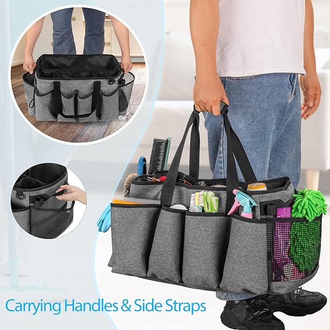 Extra-Large Cleaning Caddy, Organizer with Handles for Cleaning Tools & Products Storage, Large Capacity Tote Bag for Car, Home & Housekeeping Work, Gray