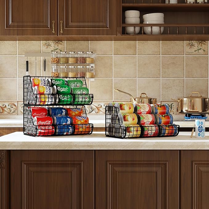 2-Tier Stackable Can Organizer for Pantry Shelves, 2 Pack Soda Can Organizer with 4 Adjustable Dividers, Kitchen Can Storage Organizer, Wire Drink Organizer, Metal Can Dispenser for Cabinets Shelf-NeatNest