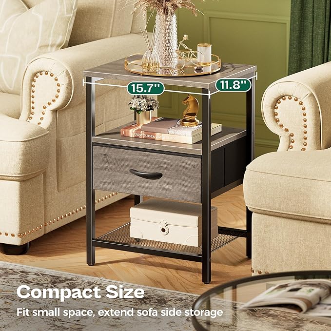 Huuger Nightstand Set of 2, Night Stand with Fabric Drawer, Mesh Shelf, Side Table with Storage, Fabric Drawer Dresser, Open Shelf, Metal Frame, Bedroom, Oak