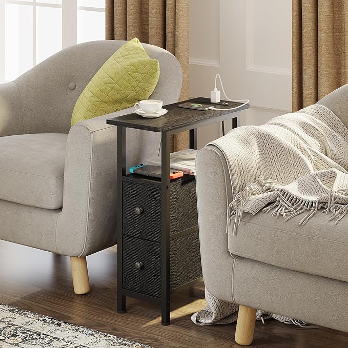 End Table with Charging Station, Narrow Side Table with 2 Fabric Drawers, Skinny Nightstand with LED Light, Slim Bedside Table for Bedroom, Living Room, Small Spaces, Black