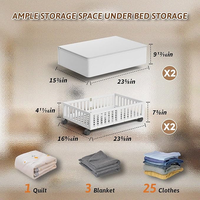 Bamboo Under Bed Storage Containers with Wheels, 2 Pack Under the Bed Shoe Storage Bins, Wood Rolling Underbed Drawers Organizer for Bedroom, Closet, Clothes Blanket Comforter and Under Crib Toy White-NeatNest