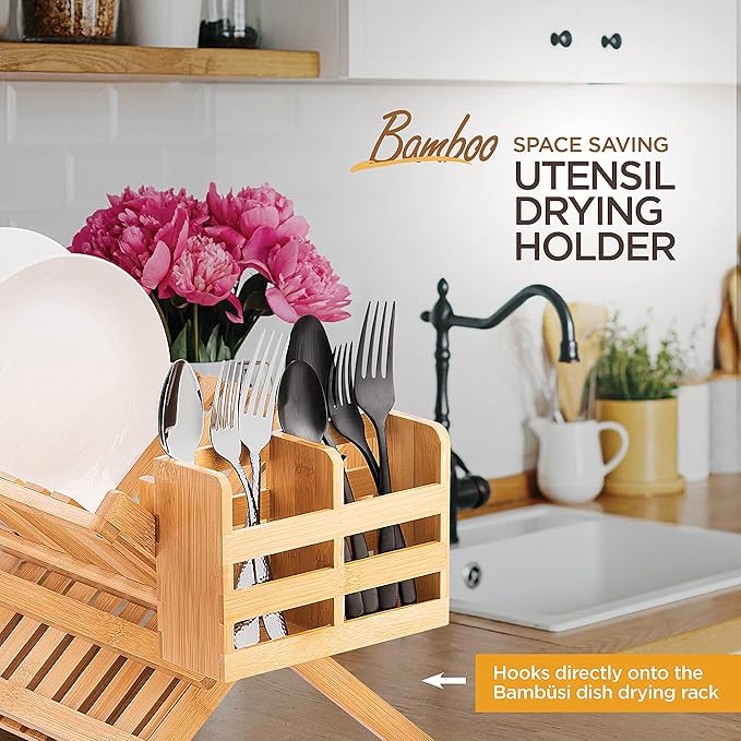 Bamboo Utensil Holder for Dish Rack - Flatware, Cutlery and Utensil Drying Caddy - Fits Bambusi Bamboo Dish Drying Racks Natural