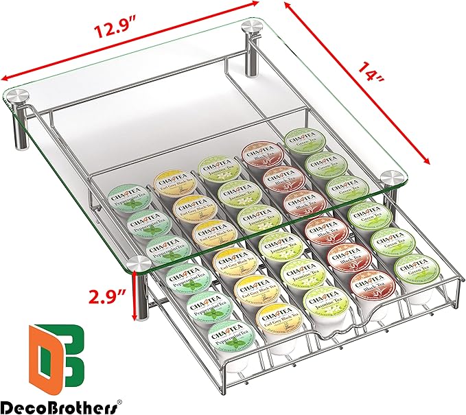 Deco Brothers Crystal Tempered Glass K-Cup Holder Drawer for 30 Coffee Pods Storage, Chrome-NeatNest