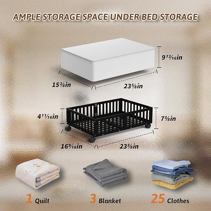 Bamboo Under Bed Storage Containers with Wheels, Rolling Under the Bed Shoe Storage Bins, Wood Stackable Underbed Drawers with Bag Organizer for Bedroom Closet Clothing Sweater Under Crib Toy Black-NeatNest
