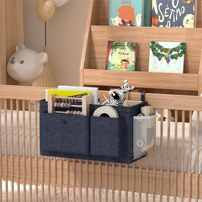 Bedside Caddy Bedside Organizer with Fixed Straps & Water Bottle Holder, Bunk Bed Caddy ideal for Home, Dorm, Hospital, Crib, Versatile Bedside Storage Solution (Navy)-NeatNest