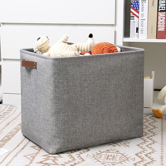 DULLEMELO Large Collapsible Storage Basket/Bin with Sturdy Leather Handles, Fabric Organizer Bin for Storage Clothes, Toys, Books, Office, Bedroom, Closet, Nursery & Laundry (Gray)-NeatNest