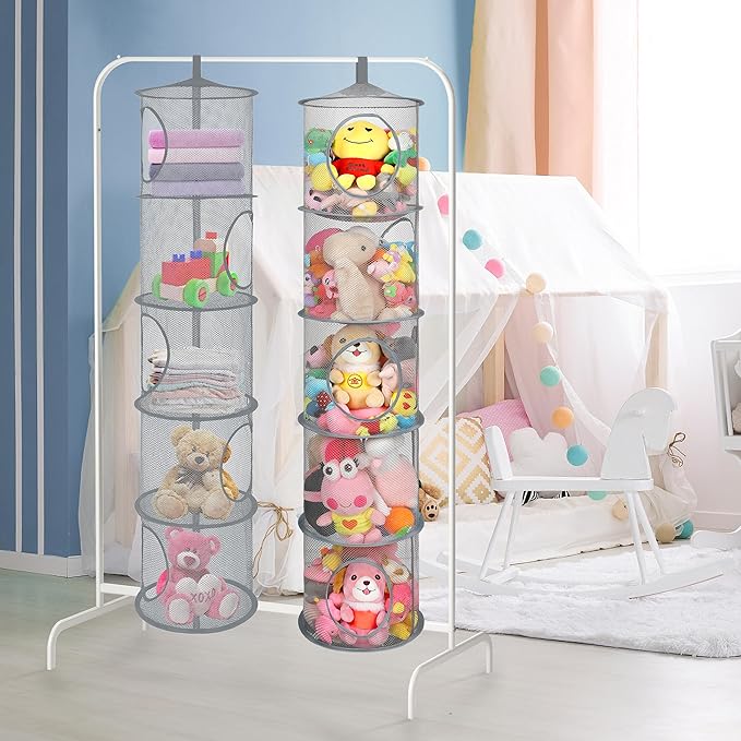 2Pcs Hanging Mesh Space Saver Bags Organizer, Foldable Storage Organizer 5 Compartments Toy Storage Organizer for Kid Room Toys, Gloves,Hats,Socks Storage #Grey-NeatNest