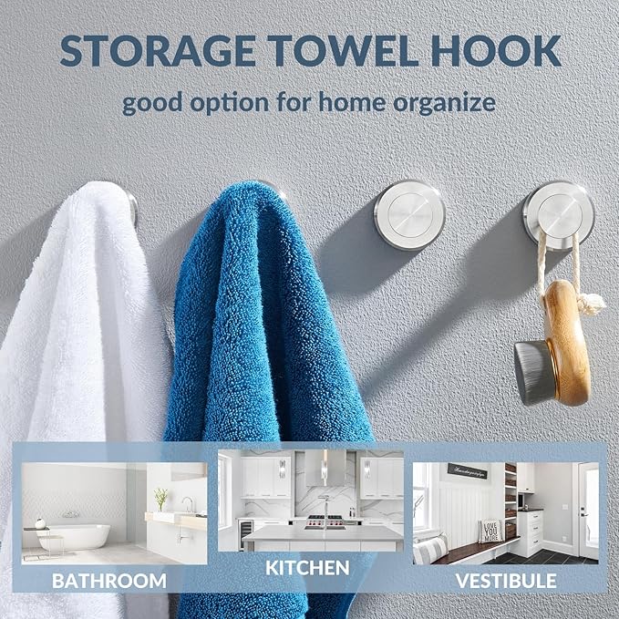 APLusee Brushed Nickel Hand Towel Hook, 4 Pack 304 Stainless Steel Storage Coat Hook, Bathroom Accessories Wall Mounted