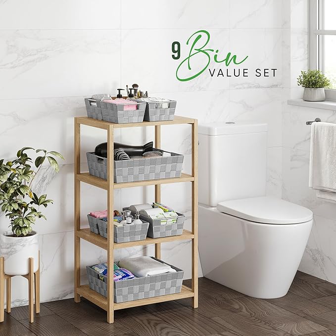 Baskets For Organizing Set Of 9 Grey - Storage Baskets For Shelves - Perfect Closet Organizer Bins, Bathroom Basket, and Pantry Basket - Small Storage Bins For Shelves - Bin For Organization-NeatNest