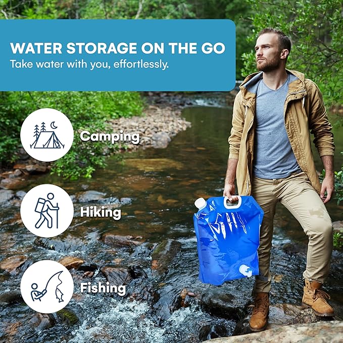 ACOWAY Collapsible Water Storage Container Bag, 2 Units - Blue and White (2.6 gal Each) - Portable Camping and Emergency Water Jug with Spout for Hydration, Outdoors, and Disaster Preparedness