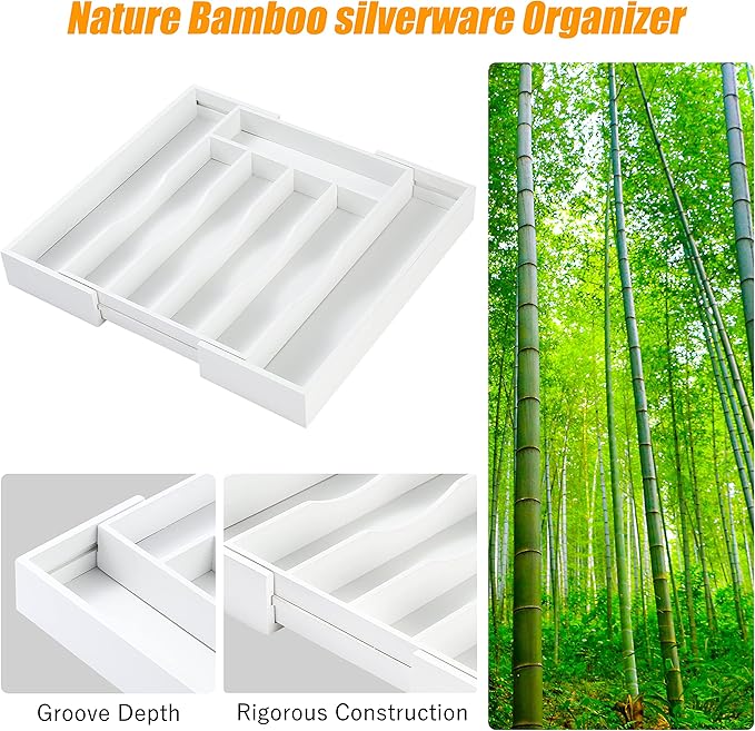 Bellsal White Silverware Organizer Kitchen Drawer Organizer Expandable Bamboo Utensil Holder Cutlery Tray for Kitchen Utensil and Flatware Bedroom Office-NeatNest