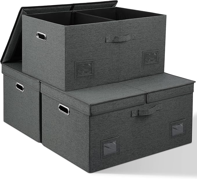 75 Quarts Extra Large Decorative Storage Bins with Lids, 3 Packs Dark Gray Collapsible Storage Bins with Lids, Stackable Storage Bins Decorative Box Storage With Lid Extra Large-NeatNest