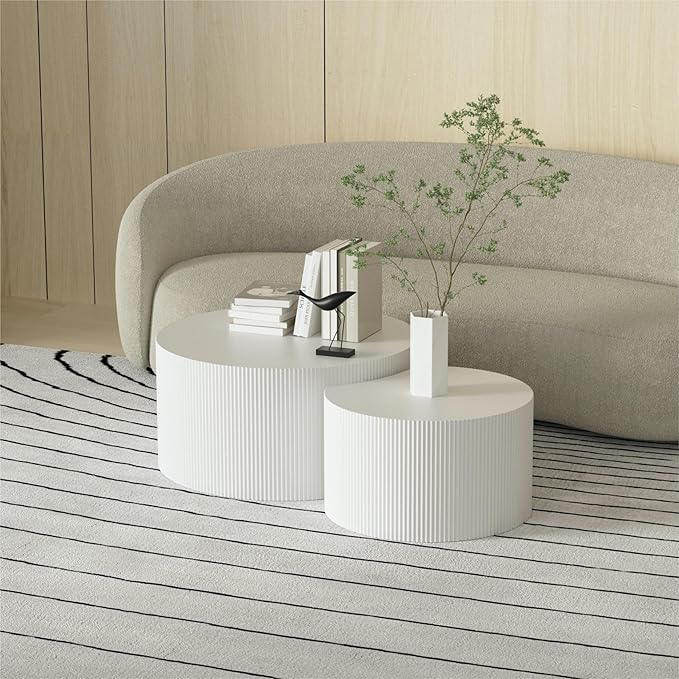 KEVINSPACE Coffee Table Set of 2 Modern, Living Room Nesting Table Round 2-Piece, No Assembly Required Wooden Circle End Table Set Accent Furniture for Bedroom Balcony Library,White