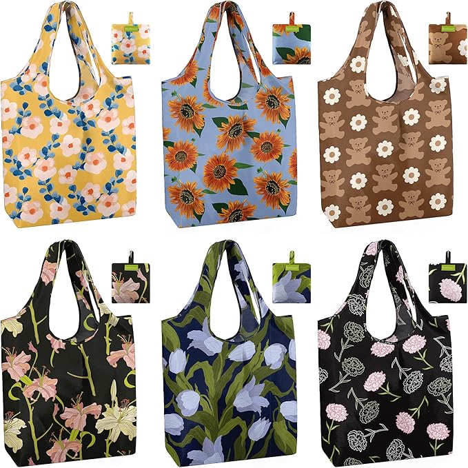 BeeGreen Reusable Grocery Bags 6 Pack, Heavy Duty Totes for Women, Foldable Grocery Bag Large Shopping Totes with Handles for Work, Travel, Gift, Store, Polyester Washable Reusable Tote Bag-NeatNest