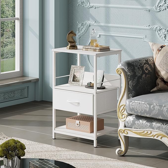 WLIVE White Night Stand with Charging Station, LED Nightstand with Adjustable Fabric Drawer, 3-Tier Storage Bedside Table, Small End Side Tables for Bedroom
