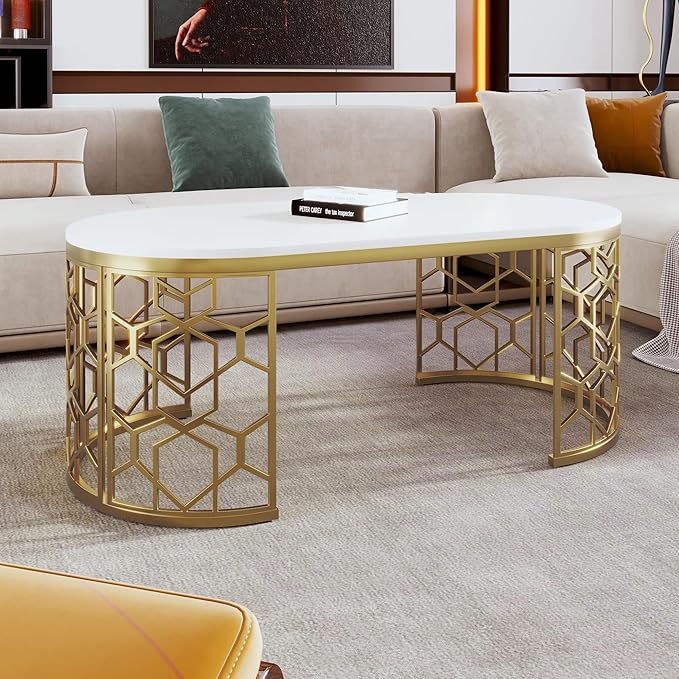 47.2" Modern Oval Coffee Table with Cut-Out Pattern Metal Stainless Steel Frame Multiple End Tables Sofa Table Utility Table for Living Room Office Bedroom Balcony, White & Gold