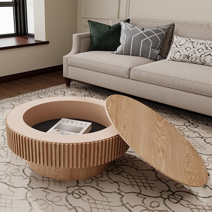 31.5'' Round Wood Coffee Table with Storage for Living Room Modern Fluted Coffee Table with Pedestal Circle Center Tables Accent Tea Table for Apartment, Natural Wood Oak