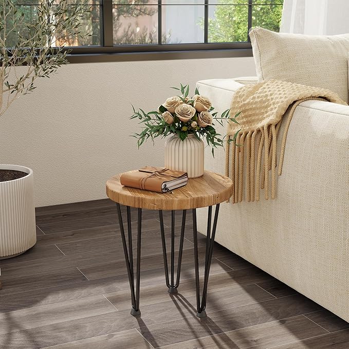 Fun Memories Round Coffee Table - Elm Wood Nesting Table with Metal Legs & Non Slip Feet Base - Rustic Nesting End Tables for Living Room Bedroom - 14" D x 14" W x 16" H - Natural Color