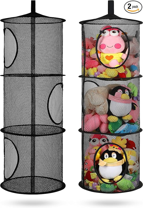 2Pcs Stuffed Animal Storage Foldable Stuffed Animal Net or Hammock Organizer, 3 Compartments Hanging Mesh Toy Storage Hammock for Kid Room Toys, Gloves, Hats, Socks(Black)-NeatNest