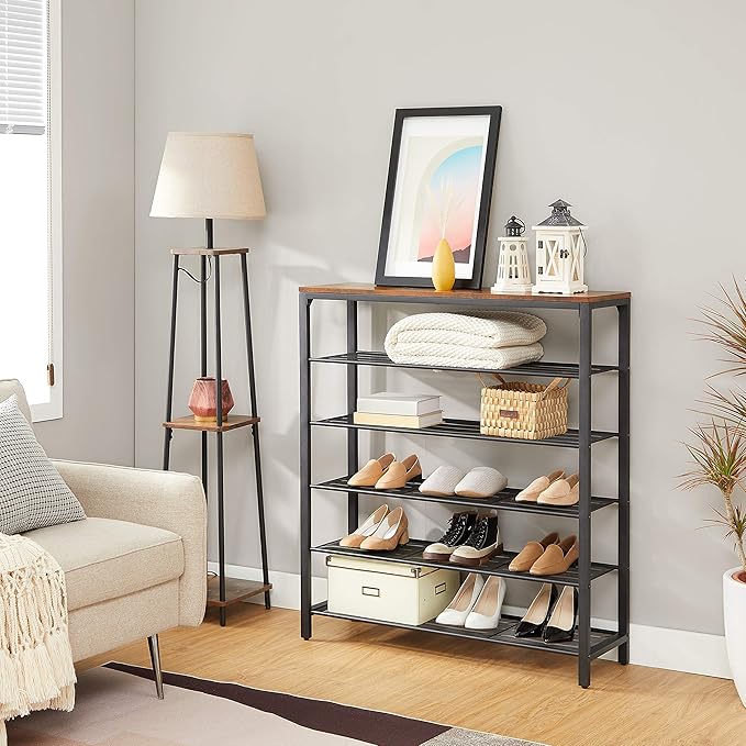 VASAGLE 6-Tier Shoe Rack, Shoe Organizer for Closet, Entryway, 24-30 Pairs of Shoes, Large Shoe Rack Organizer with 5 Metal Mesh Shelves, 11.8 x 39.4 x 43.3 Inches, Rustic Brown and Black ULBS016B01-NeatNest