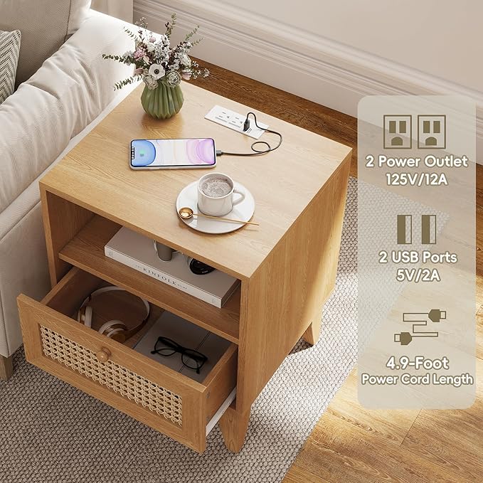 Rattan Bed Side Tables of 2 with Charging Station Wood Farmhouse Nightstands Set of 2 with USB and Type-C Ports for Bedroom Oak Rustic End Table with Drawer and Opening Shelf for Living Room