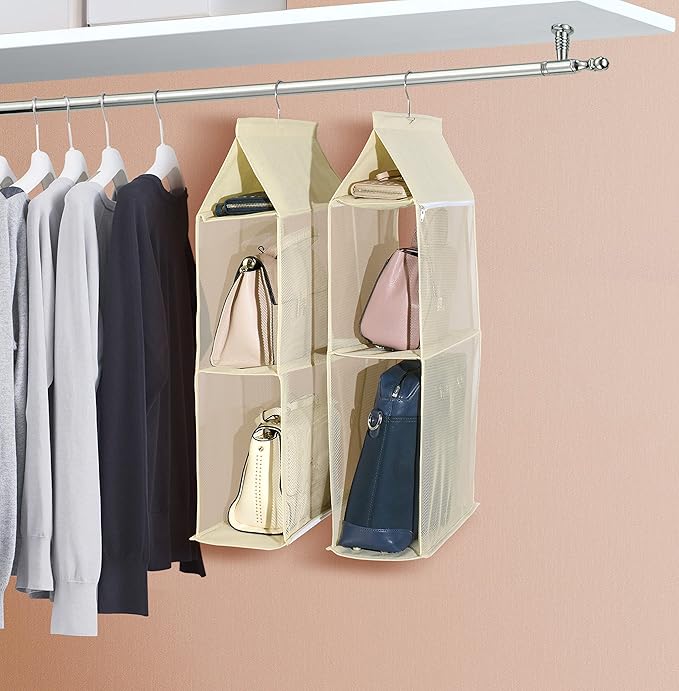 Detachable 4 Compartment Pouch Hanging Handbag Organizer Clear Purse Bag Storage Holder Wardrobe Closet Space Saving Organizers System for Living Room Bedroom(Pack of 2 Beige)-NeatNest