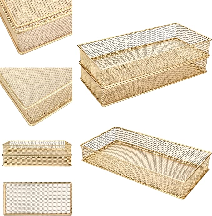 Annova Mesh Stackable Drawer Cabinet and Shelf Organizer Bins Storage Basket School Office Supply Holder Tray- Set of 2 (Gold, 6x12x2 Inch)-NeatNest