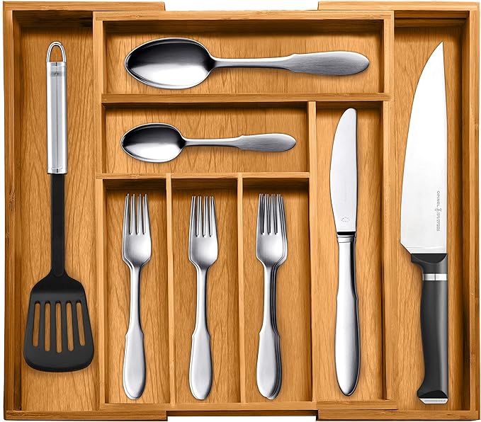 Bellemain Expandable Bamboo Drawer Organizer - Large Kitchen Utensil Holder for Cutlery, Silverware, Flatware Storage - Utensil Organizer for Kitchen Drawers, Desk, Junk Drawer Organizer Tray, 8-Slot-NeatNest