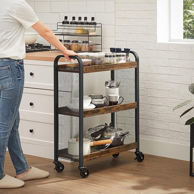 VASAGLE 3-Tier Narrow Storage Cart, Rolling Cart with Wheels, Steel Frame, Slim Storage Cart for Kitchen, Dining Room, Laundry Room, Adjustable Feet Included, Industrial Style, Rustic Brown and Black